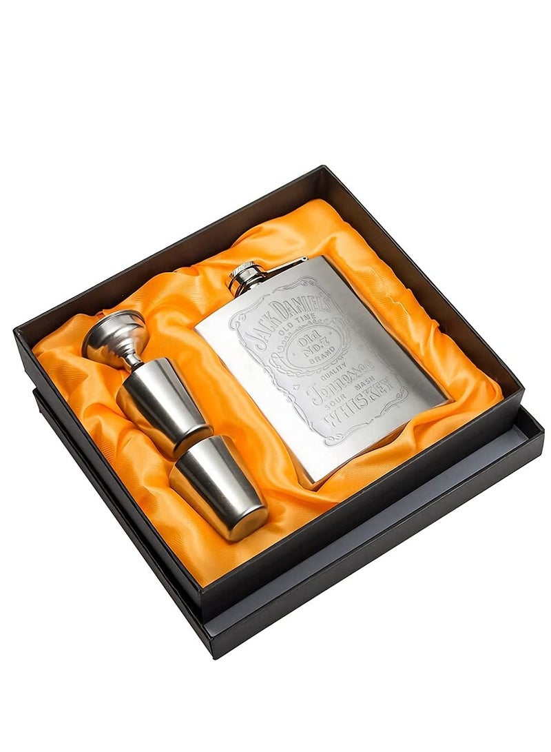 Stainless Steel Hip Flask Set with 2 Cups and Funnel, Perfect for Travel and Outdoor Activities, Great Gift for Any Occasion (Silver 210ml)  - Image 1