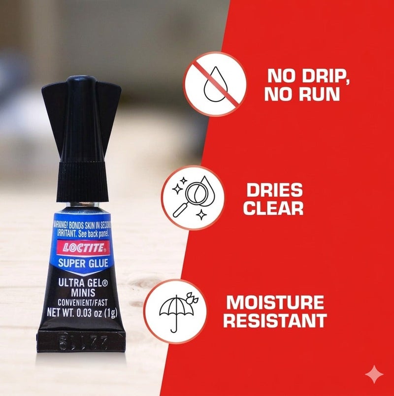 لوكتيت لاصق لوكتايت سوبر جلو جل ميني 3 قطع 1 جم لكل أنبوب، غراء قوي سريع الالتصاق للمعادن والبلاستيك والخشب والسيراميك والمطاط والجلد بتركيبة جل بدون تنقيط - Image 4