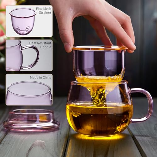 DOPUDO 11oz Pink Glass Tea Cup with Infuser and Lid– Versatile and Elegant Gift for Women, Perfect for Loose Leaf Tea and Other Beverages. - Image 3