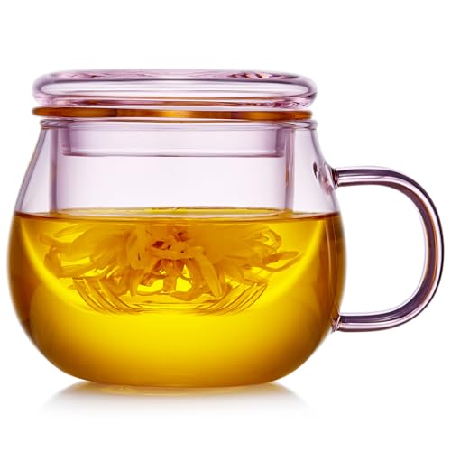 DOPUDO 11oz Pink Glass Tea Cup with Infuser and Lid– Versatile and Elegant Gift for Women, Perfect for Loose Leaf Tea and Other Beverages. - Image 1