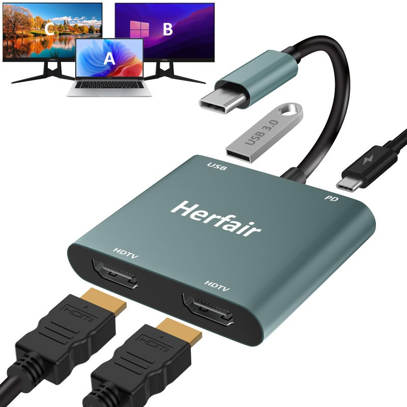Herfair HDMI Splitter for Dual Monitors Extended Display 1 in 2 Out 4K USB C to 2 HDMI Adapter Extender for MacBook Laptop Support All Mode for Windows & ABB Extend/Mirror Mode for MacOS - Image 1