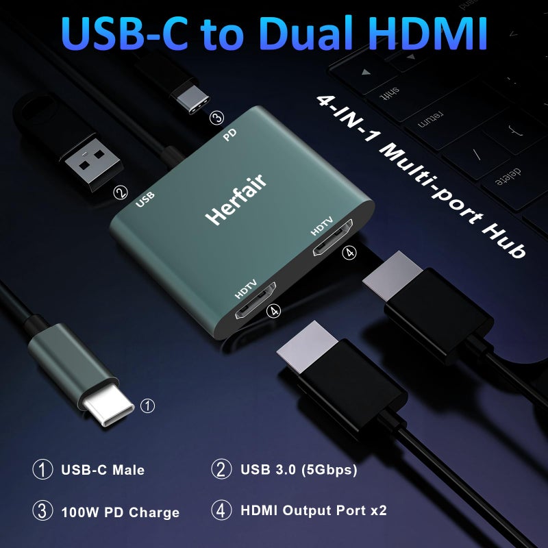 Herfair HDMI Splitter for Dual Monitors Extended Display 1 in 2 Out 4K USB C to 2 HDMI Adapter Extender for MacBook Laptop Support All Mode for Windows & ABB Extend/Mirror Mode for MacOS - Image 5