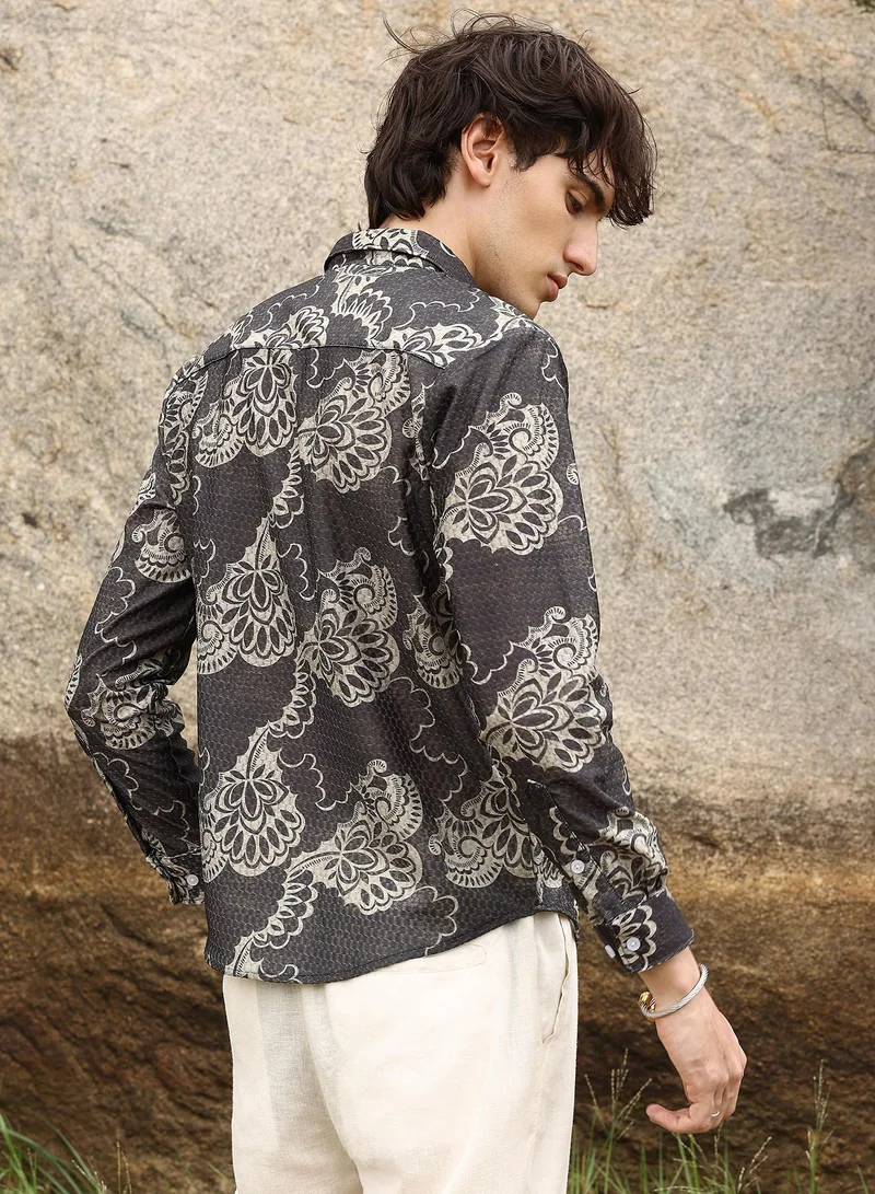 CAHOOT  Men's Charcoal Black Floral Block Shirt For Casual Wear | Spread Collar | Long Sleeve | Button Closure | Shirt Crafted With Comfort Fit For Everyday Wear for Men | Best Price UAE