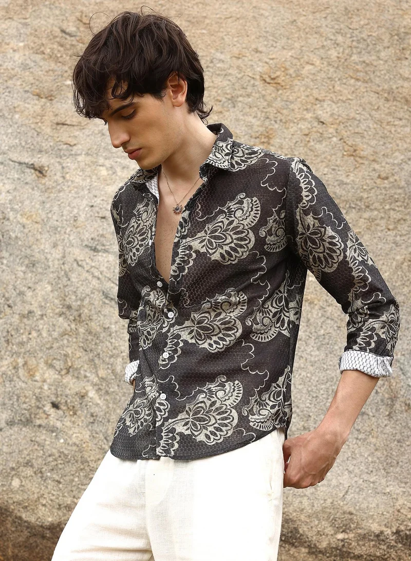 CAHOOT  Men's Charcoal Black Floral Block Shirt For Casual Wear | Spread Collar | Long Sleeve | Button Closure | Shirt Crafted With Comfort Fit For Everyday Wear for Men | Best Price UAE