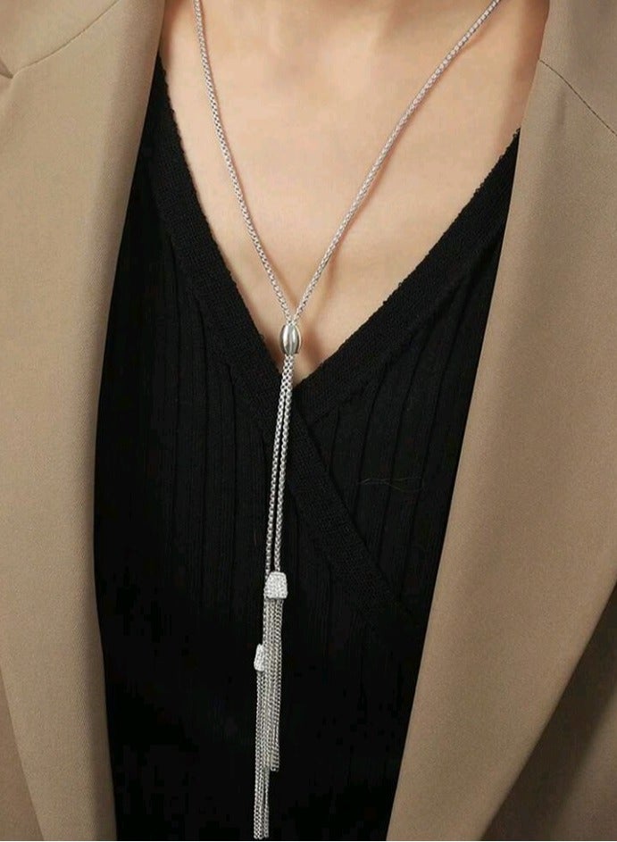 Luxury & Elegant Stainless Steel Silver Plated Long Necklace For Women
