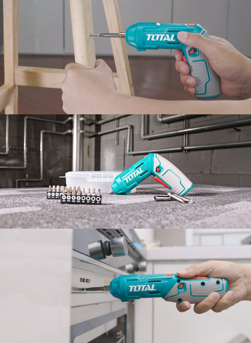 TOTAL 4V Cordless Screwdriver Kit with 2-Position Adjustable Handle - 4Nm Torque, 240 RPM, USB Type-C Charging & 19-Piece Bit Set in Carrying Case - TSDLI0442 - Image 3