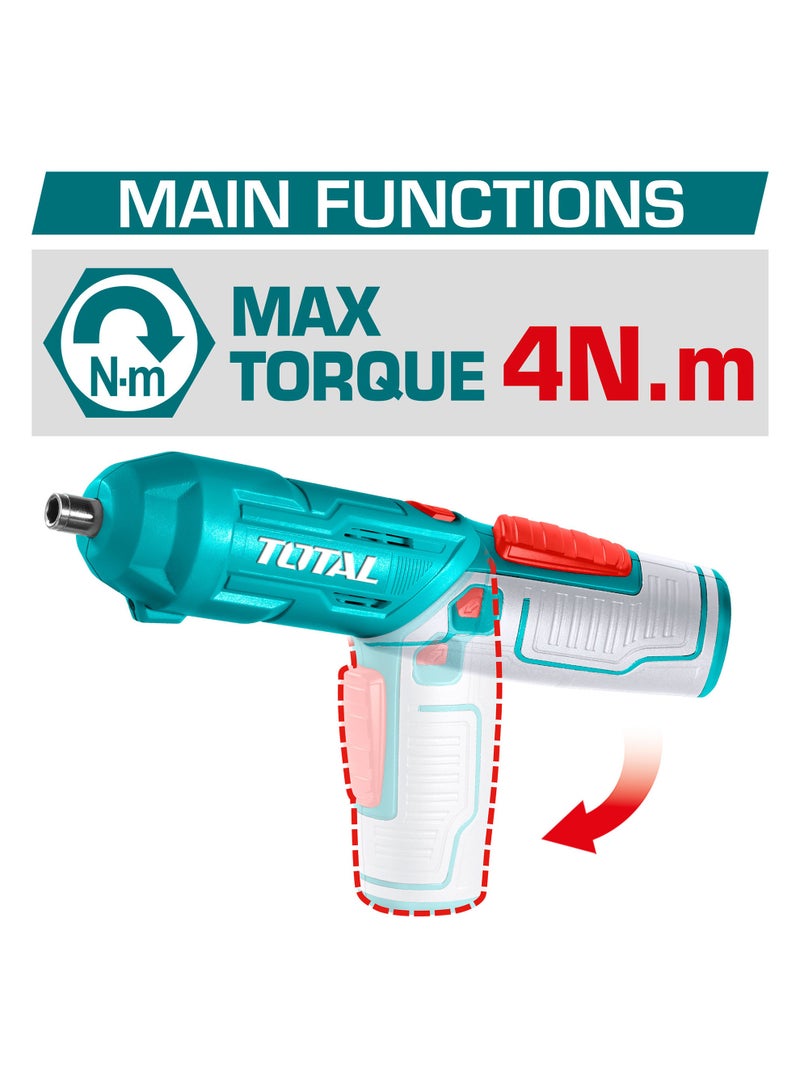 TOTAL 4V Cordless Screwdriver Kit with 2-Position Adjustable Handle - 4Nm Torque, 240 RPM, USB Type-C Charging & 19-Piece Bit Set in Carrying Case - TSDLI0442 - Image 2
