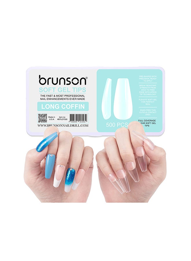 brunson False Nail Tips Soft Gel Extension Clear Long Coffin 550 Pieces BTLCF500 - Image 1