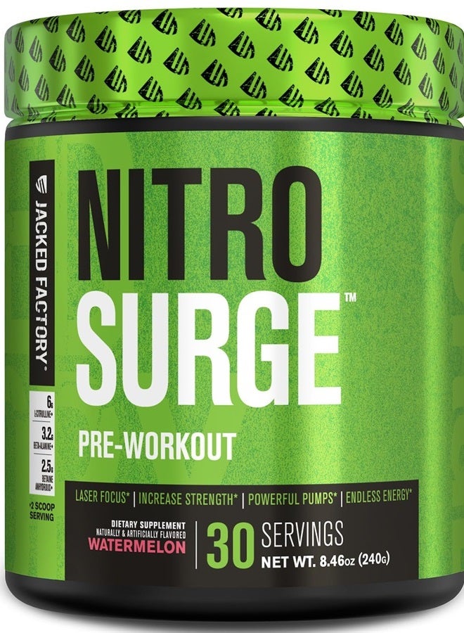 Jacked Factory NITROSURGE Pre Workout Supplement - Endless Energy, Instant Strength Gains, Clear Focus and Intense Pumps - NO Booster & Powerful Preworkout Energy Powder - 30 Servings, Watermelon - Image 1