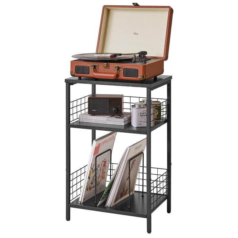 YMYNY 3 Tier End Table Record Player Stand with Storage Industrial Tall Side Table Small Bookshelf Bookcase Display Rack Telephone Table for Living Room Bedroom 4029625CMBlack HST009B
