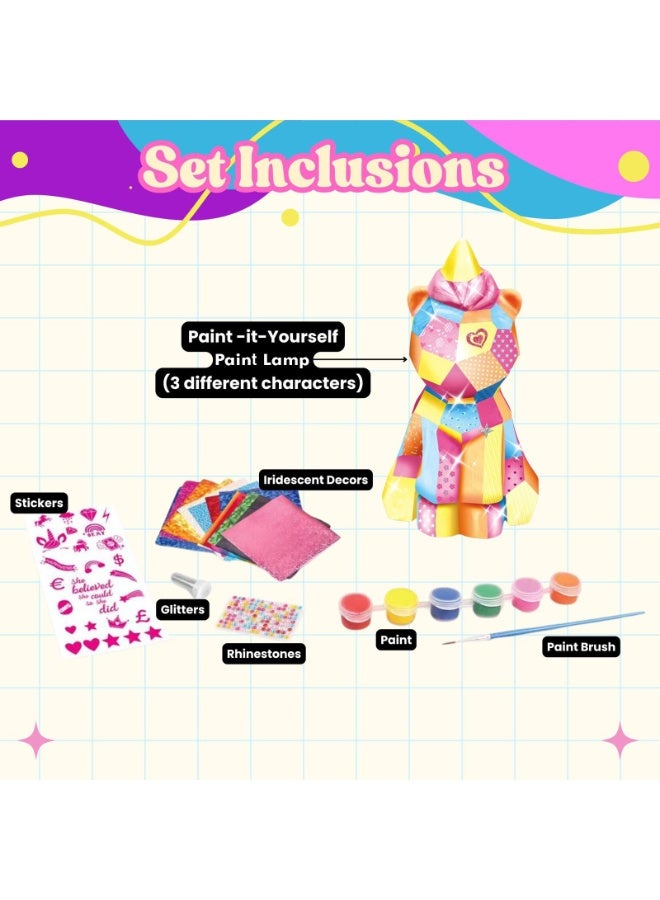 Home Smart Cat Painting Lamp for Toddlers DIY Paint Your own lamp Kit 13Pcs DIY Crafting Kit set has Cat lamp, Stickers, Laser Stickers, Glitter, Colors and Color brush Perfect for gifting. - Image 3