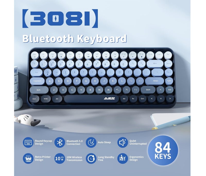 A-jazz Ajazz 308i Wireless Bluetooth Keyboard, Retro Typewriter Design with Gradient Colorful Round Keycaps and Cute Magnetic Cat Doll, 84 Keys, Multi Device Keyboard for iPad/Laptop/PC/Win/Mac(Blue) - Image 2