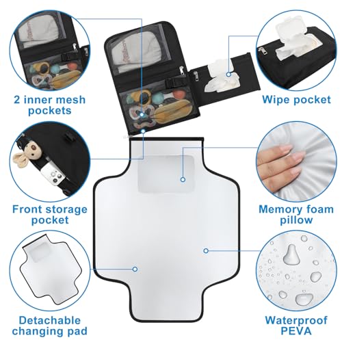 Accmor Portable Diaper Changing Pad Waterproof Travel Baby Changing Mat Newborn Essentials Baby Shower Gifts Black - Image 3