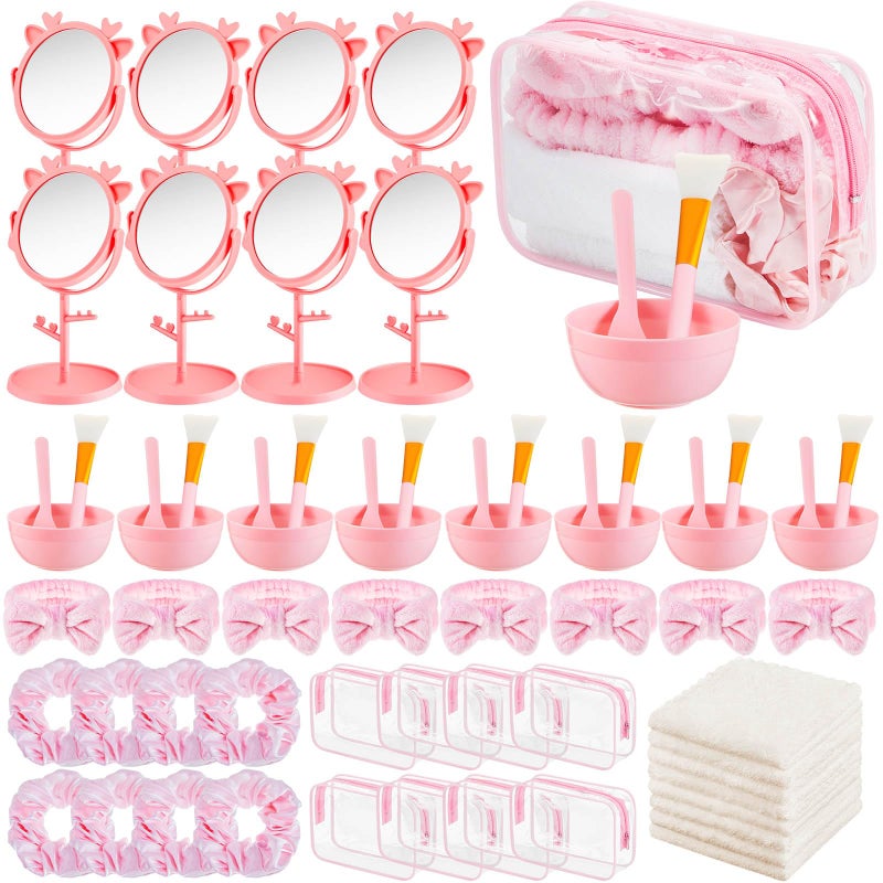 Shinylin 96pcs Spa Sleepover Party Supplies Bulk, Include Face Mask Mixing Bowl Set, Mirror, Headband, Scrunchies, Cosmetic Bags, Face Wash Cloths for Spa Birthday Party (Pink,Purple) - Image 1