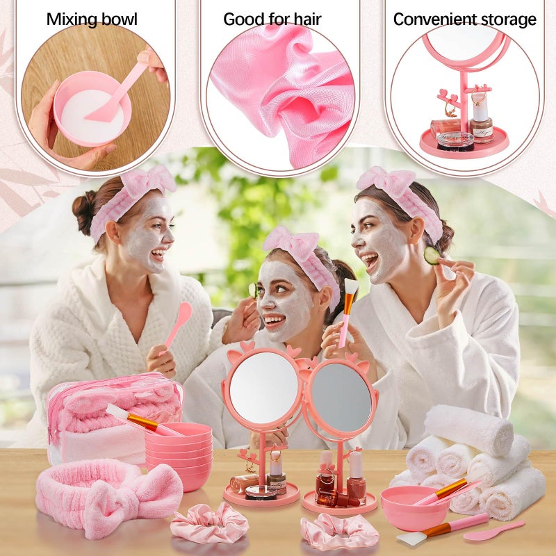 Shinylin 96pcs Spa Sleepover Party Supplies Bulk, Include Face Mask Mixing Bowl Set, Mirror, Headband, Scrunchies, Cosmetic Bags, Face Wash Cloths for Spa Birthday Party (Pink,Purple) - Image 4