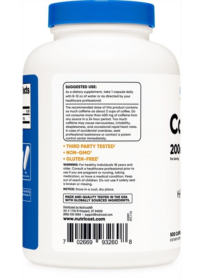 Nutricost Caffeine Pills, 200mg Per Serving (500 Caps)  - Image 3