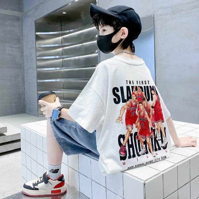Boys Short-sleeved T-shirt 2025 New Style Top Big Boys Summer Cotton White Summer Wear Children's Trendy Street - Image 1