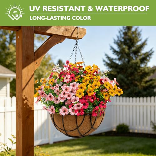 WYOK 14 Bundles Artificial Flowers UV Resistant for Patio Outdoors Fake Faux Silk Plants Realistic Plastic Flowers Indoors Porch Window Home Decoration (14, Mixed Fuchsia Yellow Pink White) - Image 3