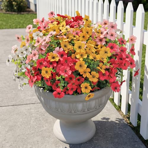 WYOK 14 Bundles Artificial Flowers UV Resistant for Patio Outdoors Fake Faux Silk Plants Realistic Plastic Flowers Indoors Porch Window Home Decoration (14, Mixed Fuchsia Yellow Pink White) - Image 1