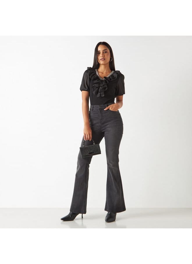 2Xtremz - 2Xtremz Embellished Trim Top with Ruffle Detail and Puff Sleeves - Image 1