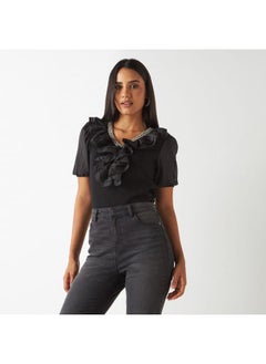 2Xtremz 2Xtremz Embellished Trim Top with Ruffle Detail and Puff Sleeves  - Image 1