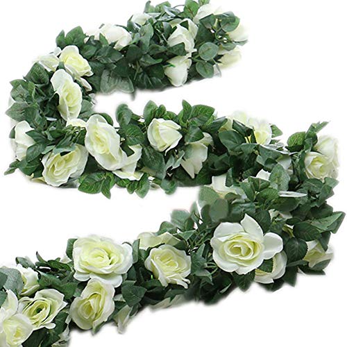 ZWYOQI 16 FT Fake Rose Vine Garland Artificial Flowers Plants Hanging Rose Ivy Home Hotel Office Wedding Party Garden Dcor White2PCS