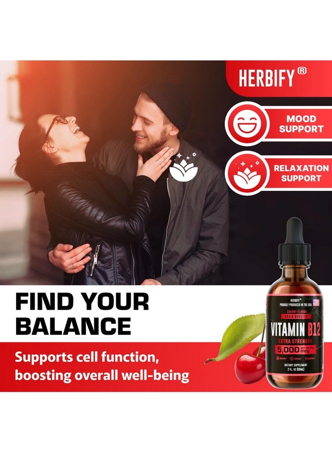 HERBIFY هيربيفي فيتامين ب12 ميثيلated مكملات متعددة الفيتامينات للطاقة للنساء والرجال - فيتامينات ب12 سائلة 5000 ميكروغرام ميثيلكوبالامين - دعم الطاقة وصحة المناعة فيتامين سائل 2 أونصة - Image 5