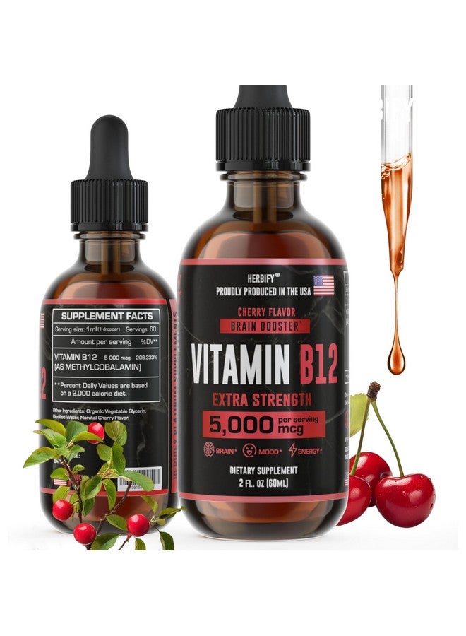 HERBIFY هيربيفي فيتامين ب12 ميثيلated مكملات متعددة الفيتامينات للطاقة للنساء والرجال - فيتامينات ب12 سائلة 5000 ميكروغرام ميثيلكوبالامين - دعم الطاقة وصحة المناعة فيتامين سائل 2 أونصة - Image 1