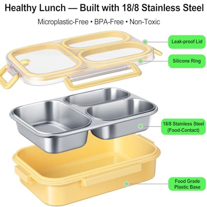 KTKUDY Stainless Steel Bento Box for Kids & Adults 25 oz Leakproof 3 Compartment Metal Lunch Container 18/8 Stainless Steel Lunch Box Kids Ideal for School, Office & Outdoor (Yellow) - Image 2