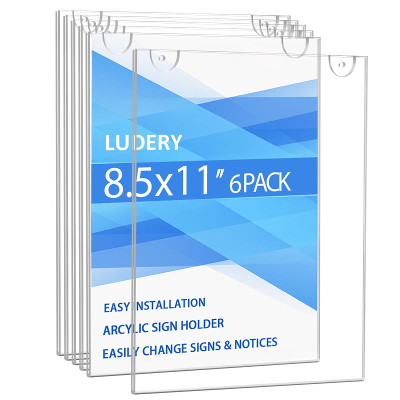 Ludery Acrylic Sign Holder 8.5 x 11 Vertical, Wall Mount Document Holder, Clear Plastic Picture Frame with Tape Adhesive and Screws for Office, Home, Store, Restaurant - 6 Pack - Image 1