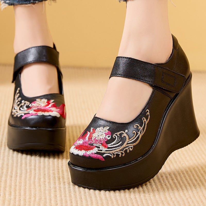 Concubines Head Layer Cowhide Thick Heel Thick Bottom Increased Comfortable All-Match Embroidery New Chinese Ethnic Style College Style Female - Image 3