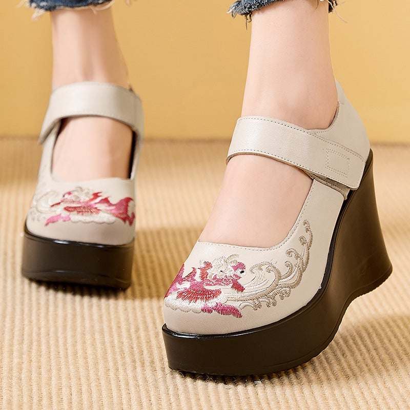 Concubines Head Layer Cowhide Thick Heel Thick Bottom Increased Comfortable All-Match Embroidery New Chinese Ethnic Style College Style Female - Image 4