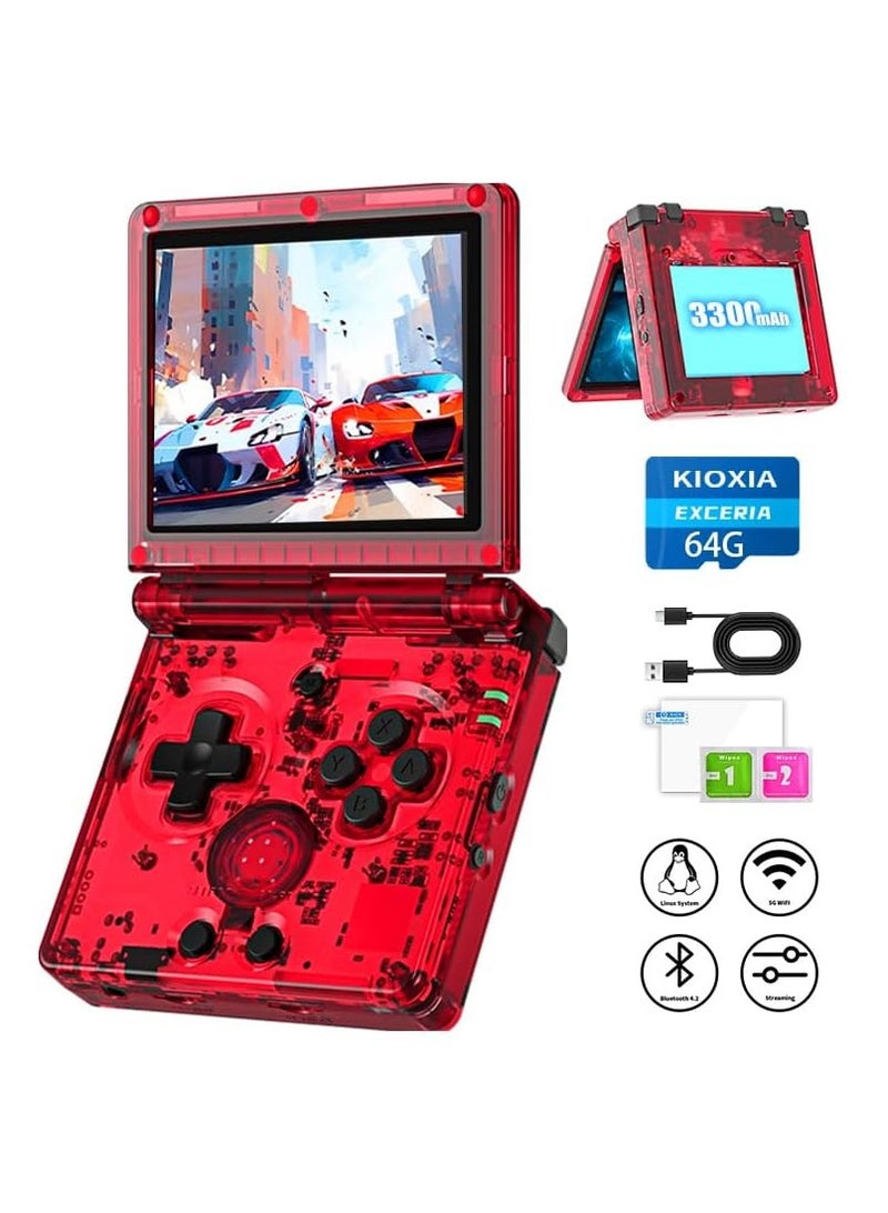 أنبيرنيك وحدة تحكم ألعاب محمولة RG35XXSP مع بطاقة TF سعة 64 جيجابايت وألعاب محملة مسبقًا 5532 وحدة تحكم ألعاب محمولة بشاشة 3.5 بوصة وبطارية 3300 مللي أمبير في الساعة وواي فاي 5G وبلوتوث عالي الدقة باللون الأحمر الشفاف - Image 1