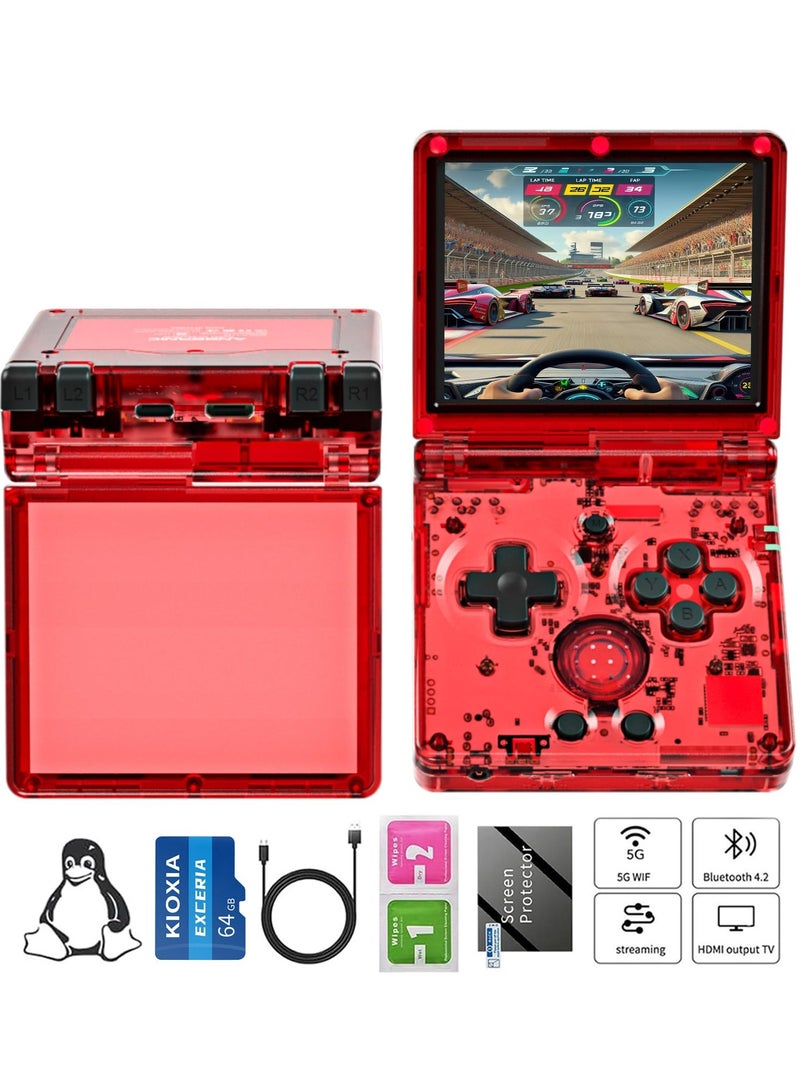 أنبيرنيك وحدة تحكم ألعاب محمولة RG35XXSP مع بطاقة TF سعة 64 جيجابايت وألعاب محملة مسبقًا 5532 وحدة تحكم ألعاب محمولة بشاشة 3.5 بوصة وبطارية 3300 مللي أمبير في الساعة وواي فاي 5G وبلوتوث عالي الدقة باللون الأحمر الشفاف - Image 2