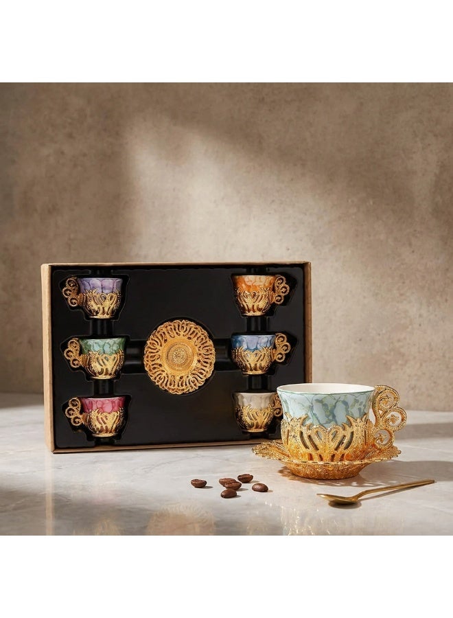 Acar 6-Piece Arabic & Turkish Coffee Set – Includes 6 Colorful Patterned porcelain Cups with Stunning Gold Zamac Saucers and Holders for a Luxurious Tea Experience! Made in Türkiye - Image 1