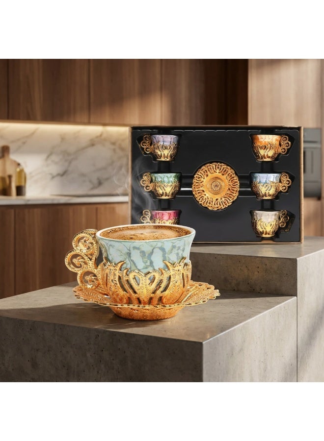 Acar 6-Piece Arabic & Turkish Coffee Set – Includes 6 Colorful Patterned porcelain Cups with Stunning Gold Zamac Saucers and Holders for a Luxurious Tea Experience! Made in Türkiye - Image 2