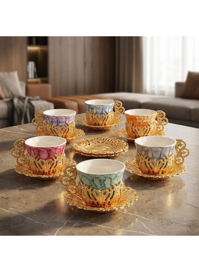 Acar 6-Piece Arabic & Turkish Coffee Set – Includes 6 Colorful Patterned porcelain Cups with Stunning Gold Zamac Saucers and Holders for a Luxurious Tea Experience! Made in Türkiye - Image 3