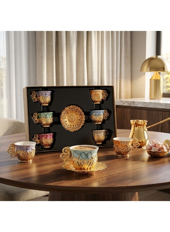 Acar 6-Piece Arabic & Turkish Coffee Set – Includes 6 Colorful Patterned porcelain Cups with Stunning Gold Zamac Saucers and Holders for a Luxurious Tea Experience! Made in Türkiye - Image 4