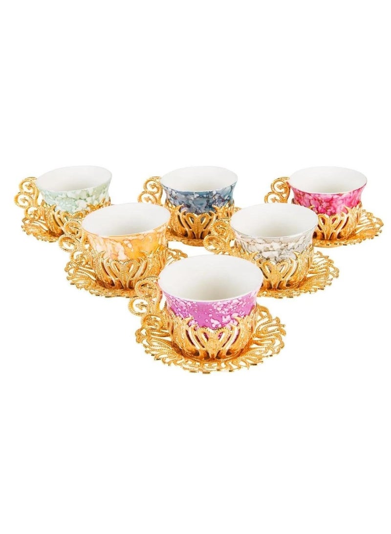 Acar 6-Piece Arabic & Turkish Coffee Set – Includes 6 Colorful Patterned porcelain Cups with Stunning Gold Zamac Saucers and Holders for a Luxurious Tea Experience! Made in Türkiye - Image 5