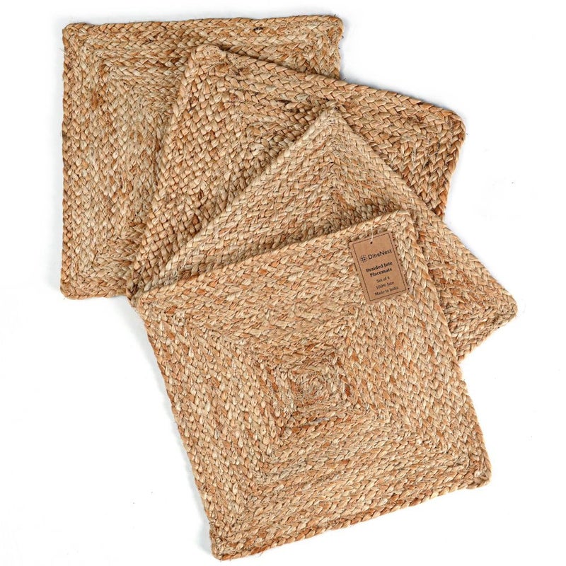 DineNest Set of 4 Handcrafted Jute Braided Placemats 14x14 Square 100% Jute - Handwoven Farmhouse Rustic Vintage, Durable Non-Slip Heat Resistant for Dining, Kitchen, Coffee Table DÃ©cor Table Mats - Image 1