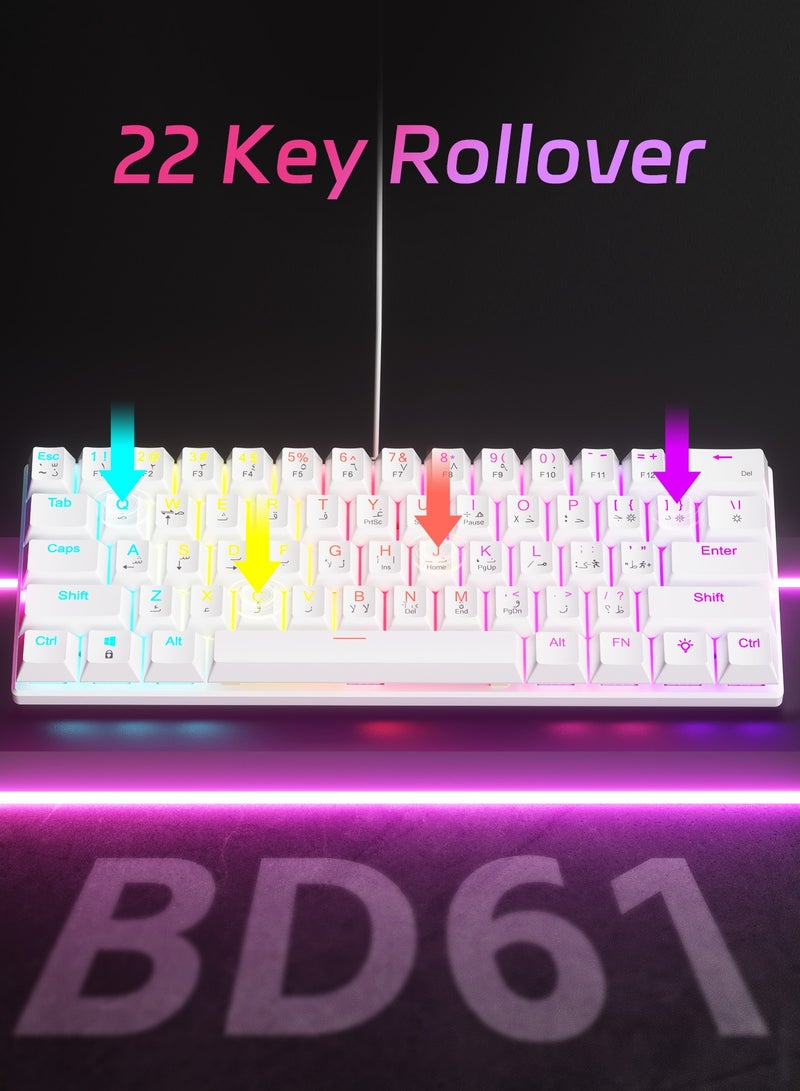 UCHUANG 61-Key English Arabic Mechanical Keyboard, Blue Switch Hybrid Light Compact Mini Wired Keyboard for PC, Mac E-sports Portable Gaming Keyboard - Office Keyboard - Computer Keyboard - White Keyboard - Image 3