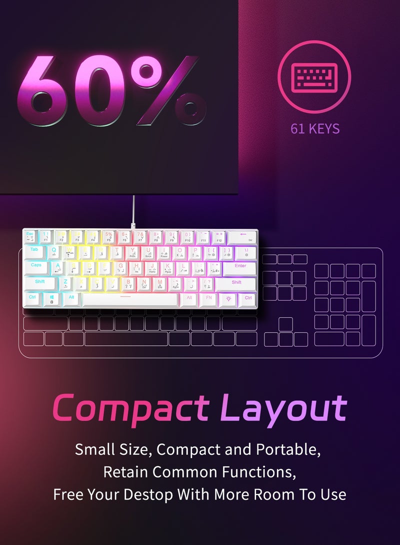 UCHUANG 61-Key English Arabic Mechanical Keyboard, Blue Switch Hybrid Light Compact Mini Wired Keyboard for PC, Mac E-sports Portable Gaming Keyboard - Office Keyboard - Computer Keyboard - White Keyboard - Image 2