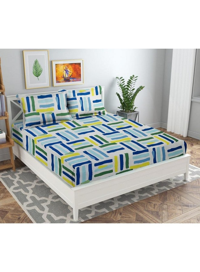 بي اس بي هوم ملاءة سرير مزدوجة من القطن من BSB HOME 160 TC Glace مع غطائين للوسائد | 125 جرام لكل متر مربع ناعمة وممشطة - قابلة للتنفس وخالية من التجاعيد - (90 × 90 بوصة، أبيض وأخضر وأزرق) - Image 1