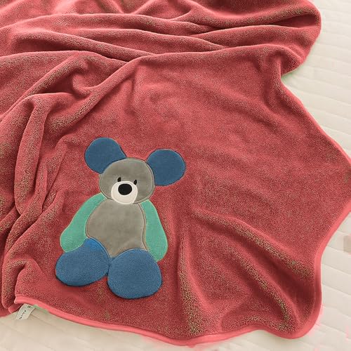 MAXOSHINE Microfiber Kids Bath Towels-Quick Drying Towels for Unisex Kids-Teddy Bear Print Baby Towel for Boys and Girls-70 x 140 Cms (Pack of 1,Red) - Image 2