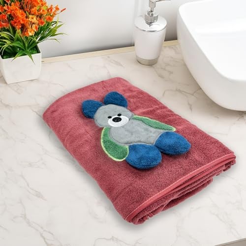 MAXOSHINE Microfiber Kids Bath Towels-Quick Drying Towels for Unisex Kids-Teddy Bear Print Baby Towel for Boys and Girls-70 x 140 Cms (Pack of 1,Red) - Image 1