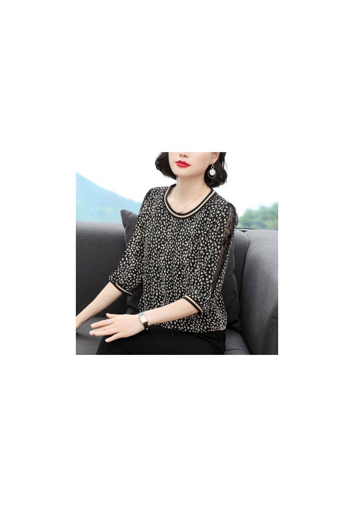 Fashionable leopard print T-shirt for Women 2020 early autumn new three-quarter sleeve round neck loose slimming plus size lace top fashion - Image 1