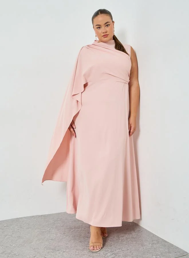 Styli Plus Size Pink Cape Long Sleeves A-Line Maxi Dress