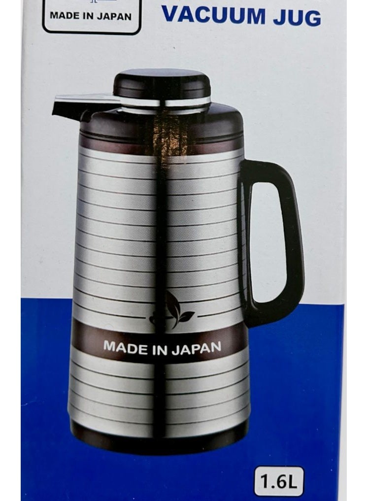 Japanese Vacuum Flask Thermal Carafe, Stainless Steel, Brown Handle, Striped Design 1.6L capacity  - Image 1