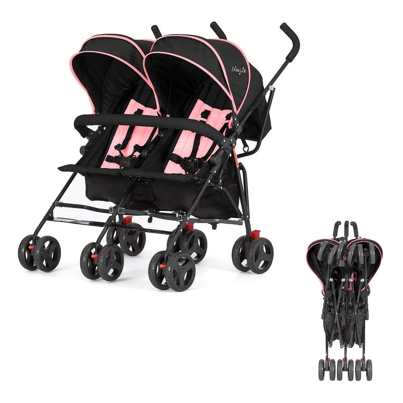 Dream On Me Dream On Me Volgo Twin Umbrella Stroller in Pink Lightweight Double Stroller for Infant Toddler Compact Easy Fold Large Storage Basket Large and Adjustable Canopy