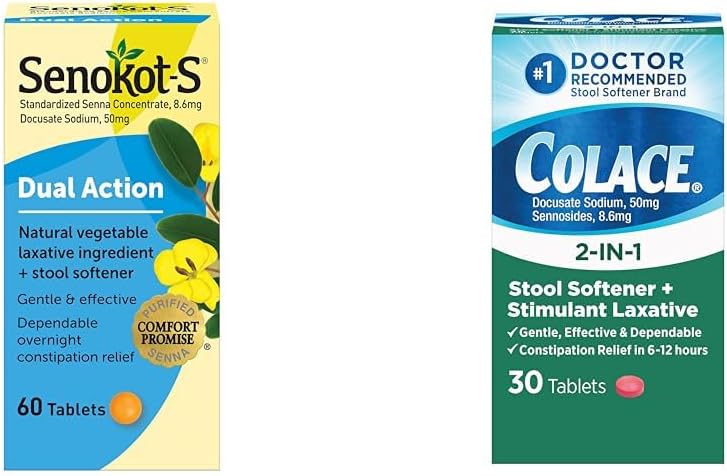SenokotS Dual Action 60 Tablets Natural Vegetable Laxative Ingredient Plus Stool Softener Tablets  Colace 2in1 Stool Softener  Stimulant Laxative Tablets - Image 1